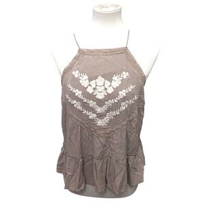 Ivy May Boho‎ Beach Flowy Beige Floral Embroidered Lace Trim Halter Peplum NWT M